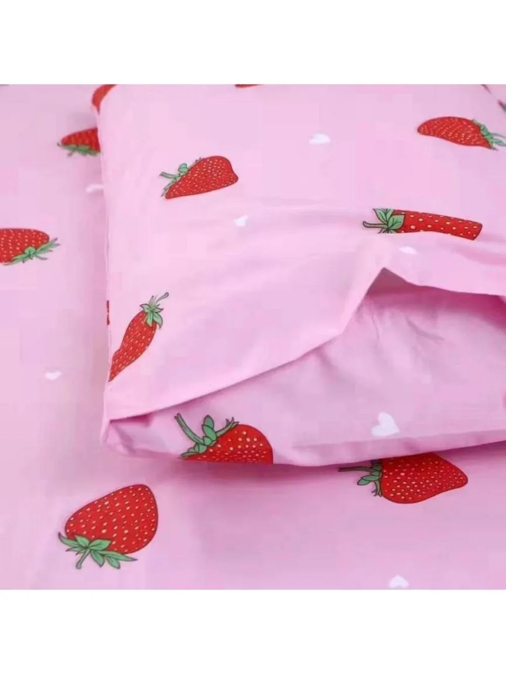 Queen Strawberry Print Bedding Set - 4 Pieces, Kawaii Flat & Fitted Sheets